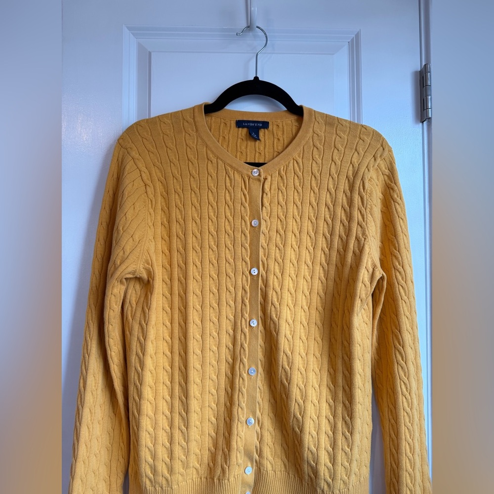 Lands End Women’s Cable Knit Mustard Yellow Cotton Cardigan Size Large - Picture 2 of 12